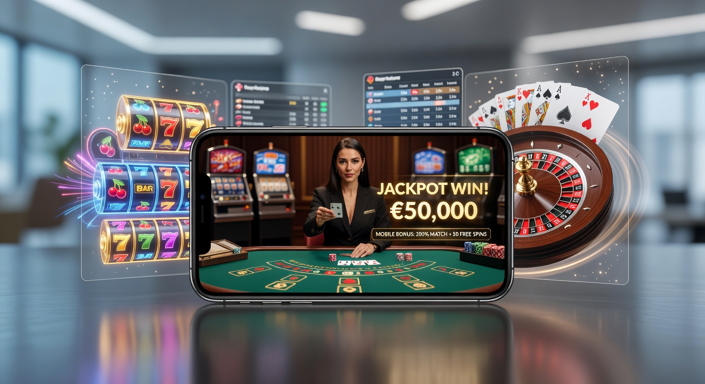 Mobile Smartphone zeigt progressive Slot-Jackpots neben einem Live-Poker-Tisch und Sports-Betting-Optionen im April 2026