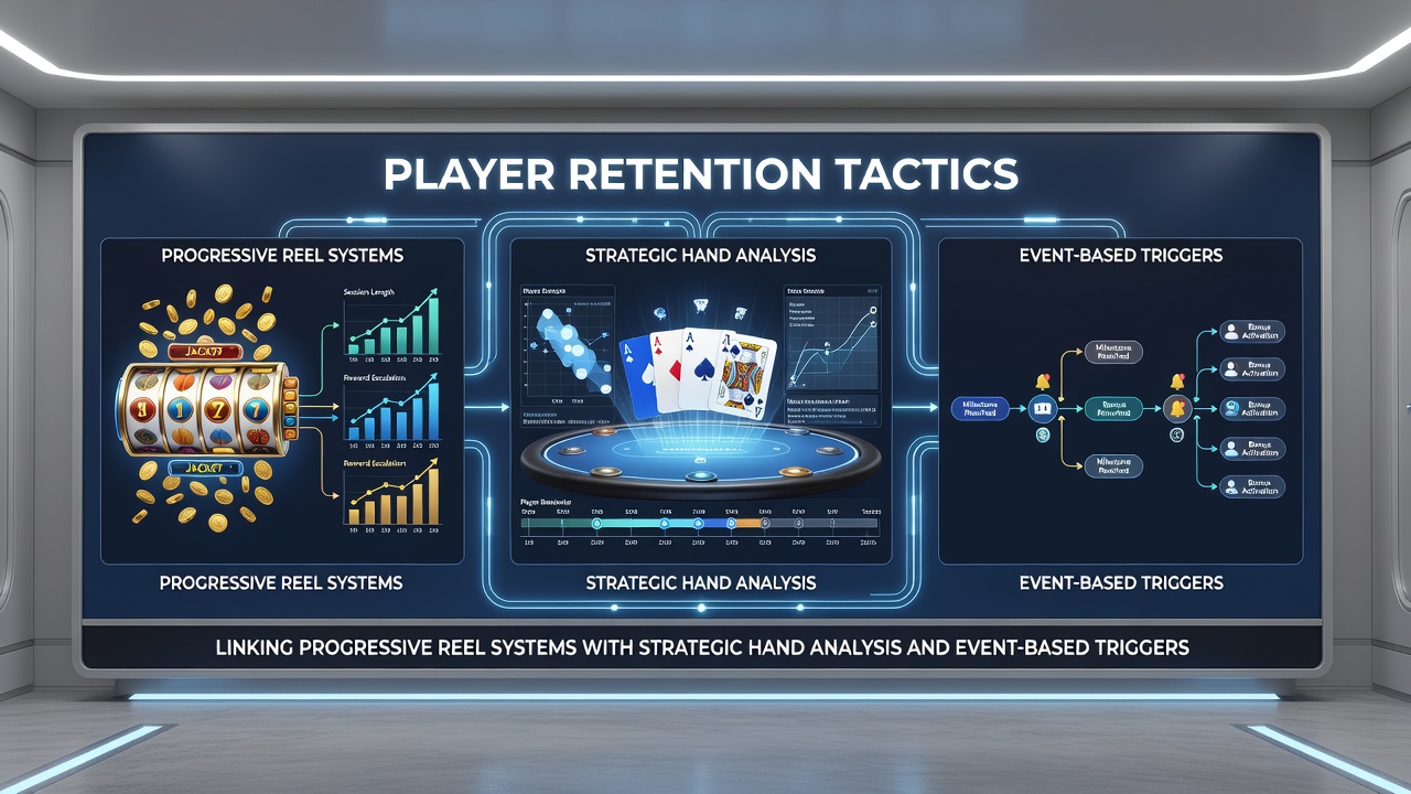 Mobile screen displaying linked progressive reels, hand analysis dashboard and live event wagers in one unified interface