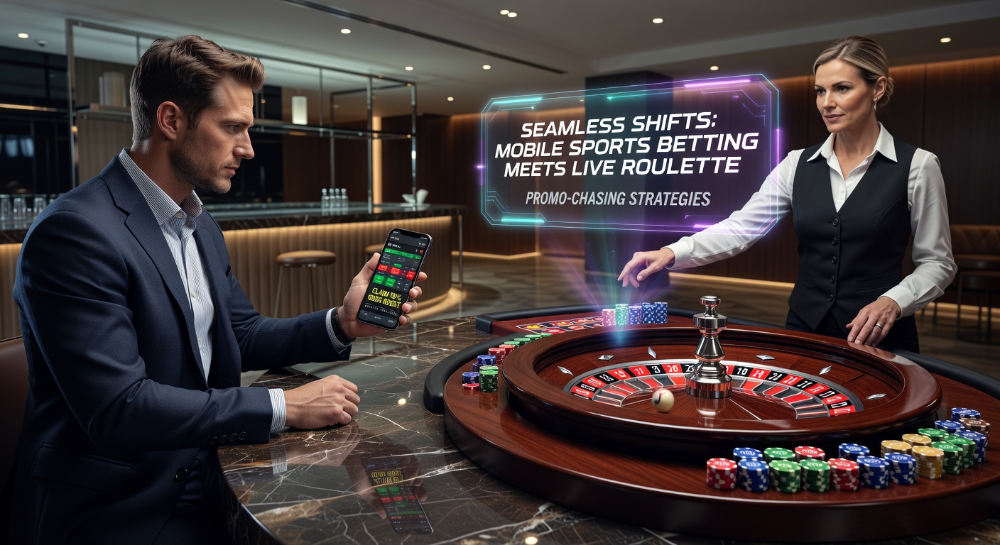 Smartphone mit Sportwetten-App und Live-Roulette-Tisch im Hintergrund, symbolisiert nahtlose Wechsel zwischen Wetten